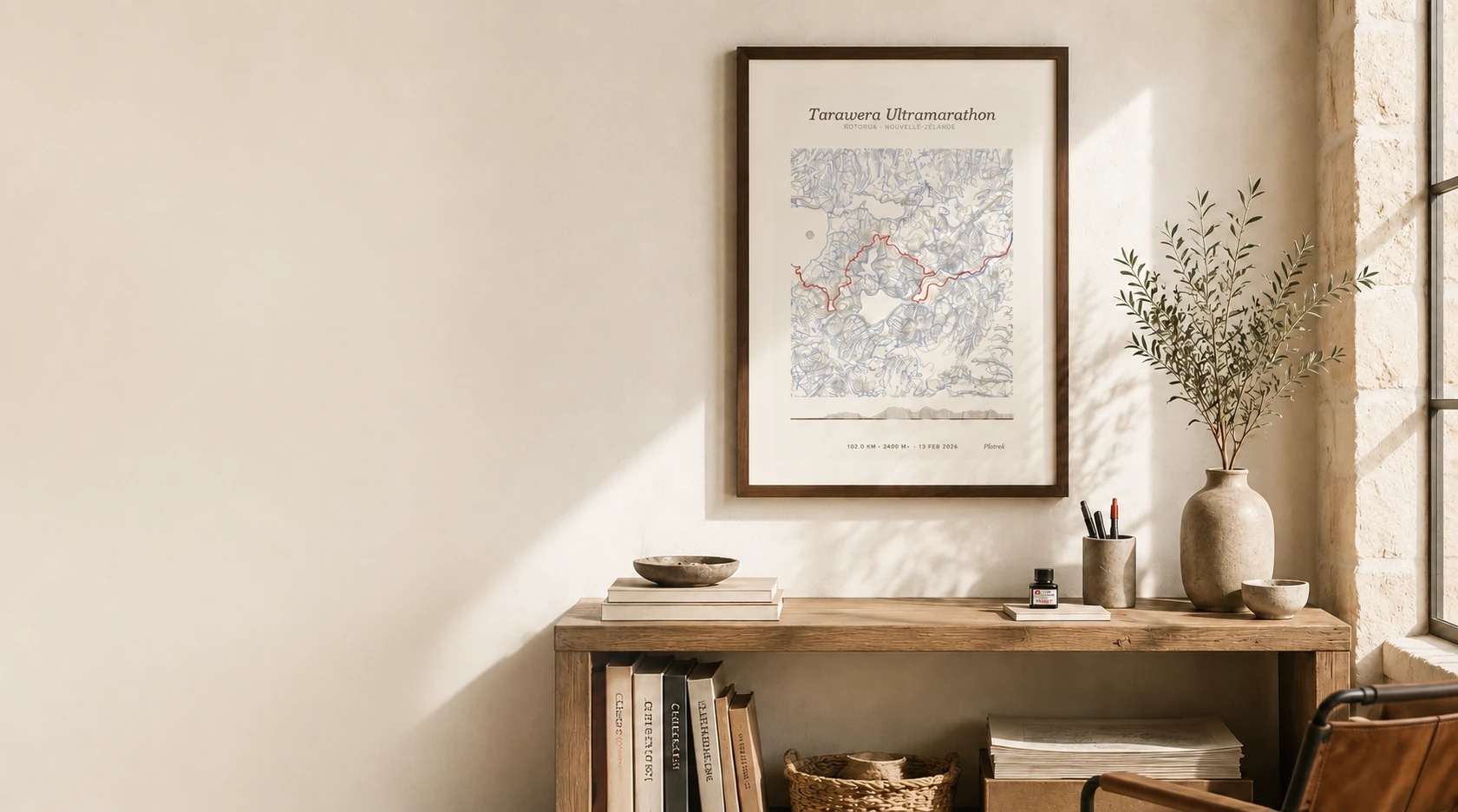 Bureau en bois avec affiche Plotrek encadrée, lampe et chaussures de trail