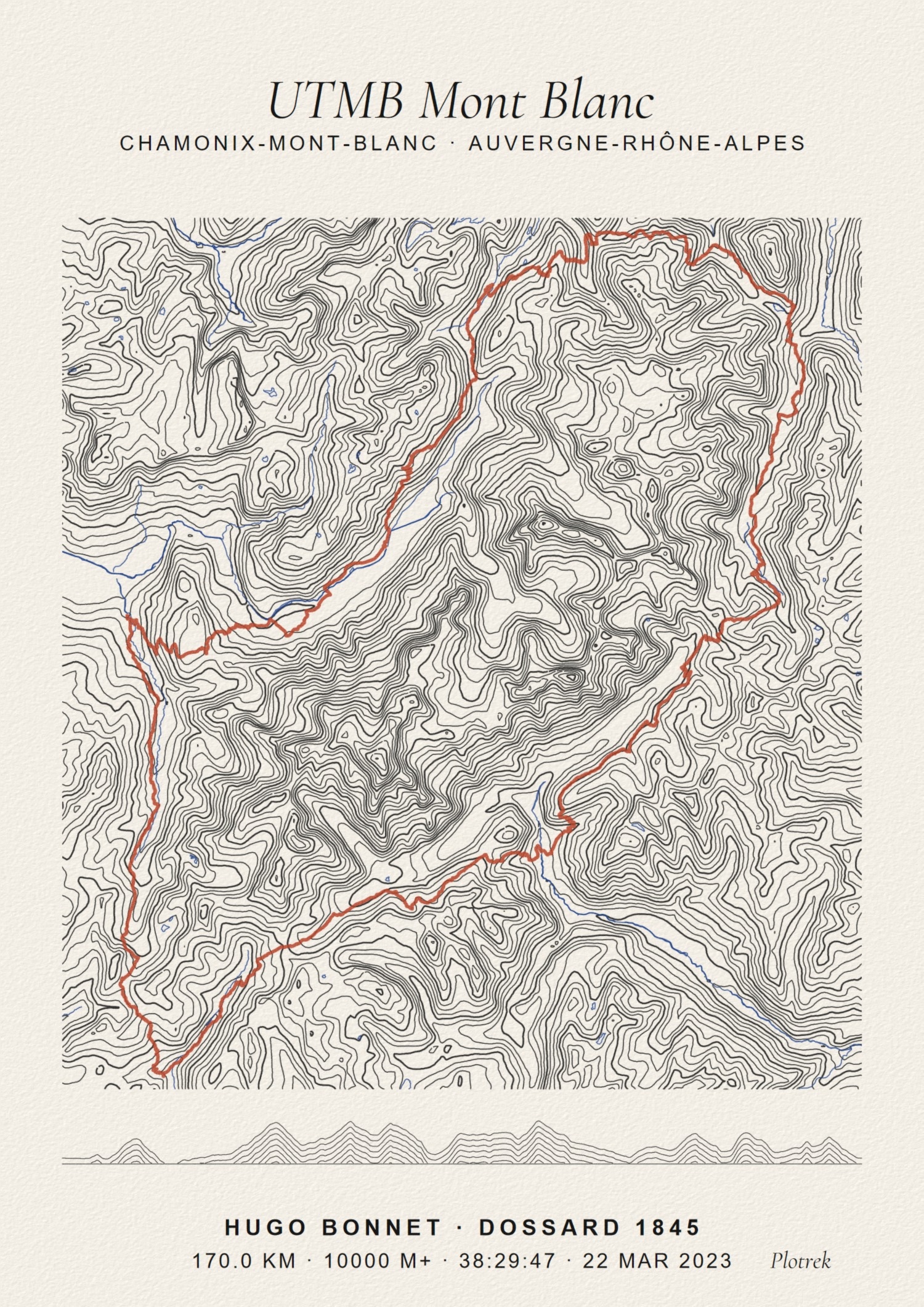 Poster topographique UTMB Plotrek, tracé au stylo sur papier d'art crème
