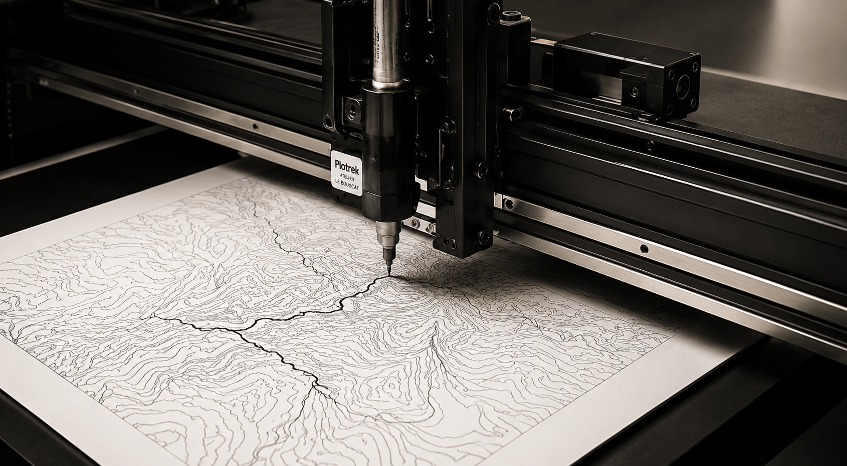Machine à tracer Plotrek en train de dessiner une carte topographique au Bouscat