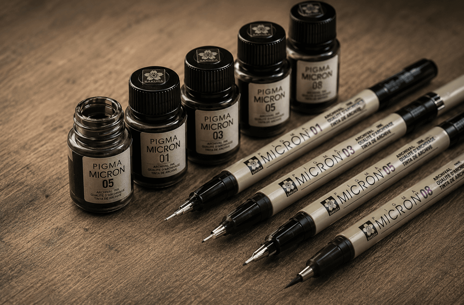 Stylos Pigma Micron alignés sur l'établi