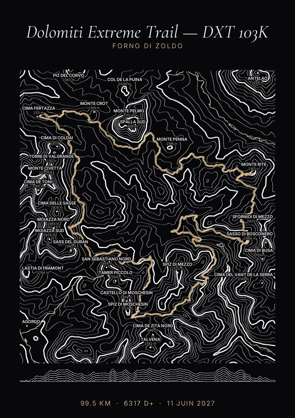 L'affiche Dolomiti Extreme Trail — DXT 103K tracée au stylo, encadrée, sur Plotrek