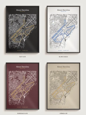 La même affiche encadrée dans les quatre ambiances : nuit et or, blanc et bleu, bordeaux et or, crème et or